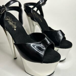 7" Black Pleasures with Mirrored Silver Platform Heels